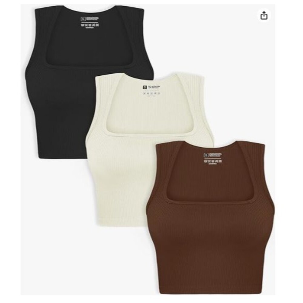 Women’s Crop Tank Tops 3-Pack Small Seamless Ribbed Square Neck Shoulder Strap